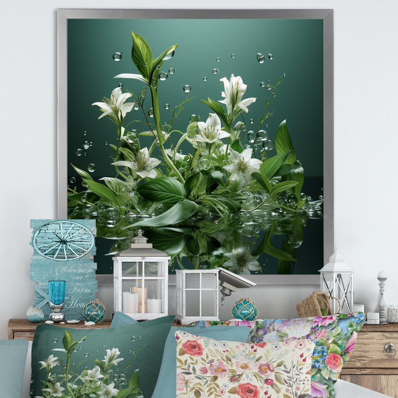 Herbes vertes et paysages d'eau, Cadre simple argenté, H 16 po x l 16 po x P 1 po