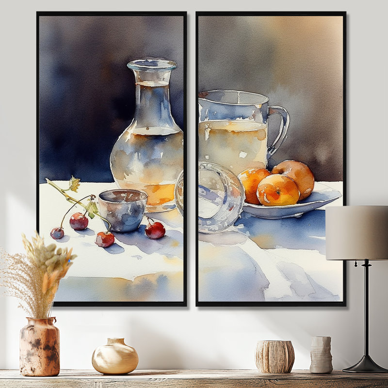 Simple Nature morte fruits et pichets III - Décoration murale traditionnelle 2 panneaux, Impression encadrée flottante, Noir