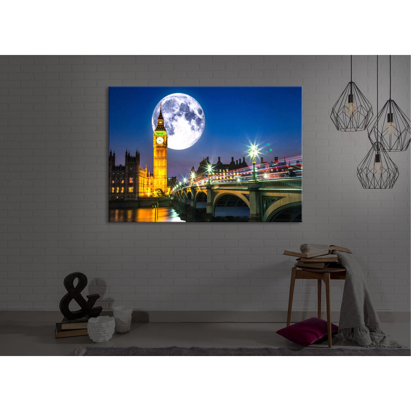 Big Ben In Front Of Big Moon In London by No - Wrapped Canvas Print, Without lighting, 70cm H x 100cm W x 4.5cm D