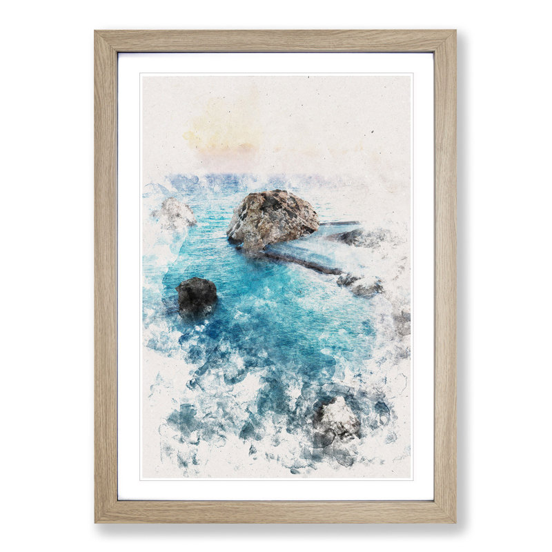 The Rock of Aphrodite Beach in Cyprus - Picture Frame Graphic Art, 87cm H x 62cm W x 2cm D, Oak Framed