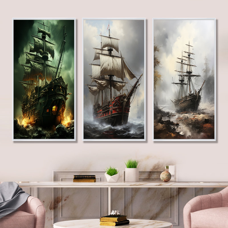 Ensemble de salon pirate Ghost Ship I - Pirate Wall Art, Cadre flottant blanc, H 28 po x l 36 po
