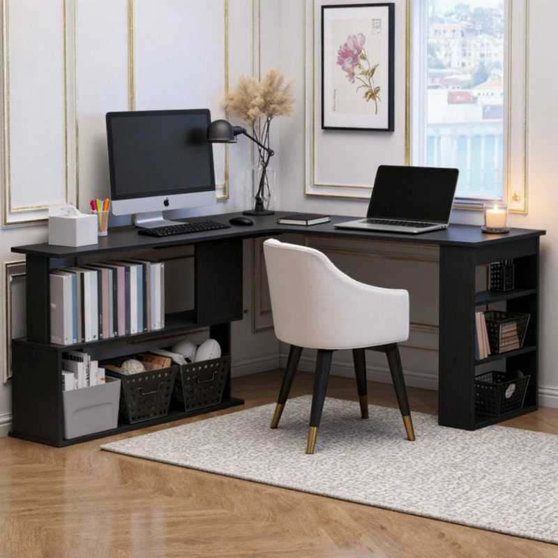 SmartRotate 360° L-Shaped Corner Desk | Spacious Black Workstation, Black