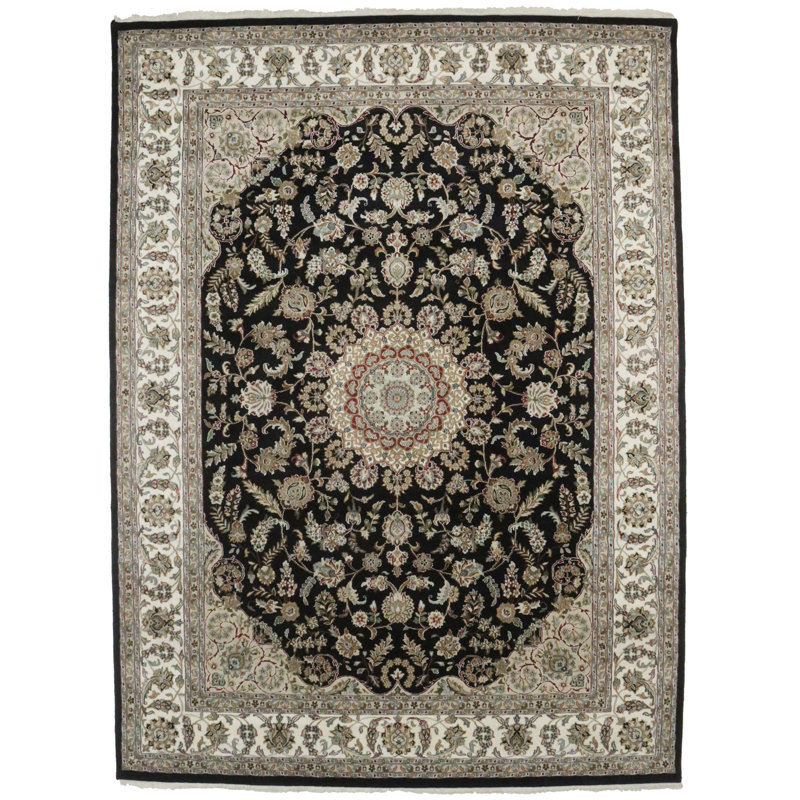 Black Floral 9X12 Indo-Nain Oriental Rug