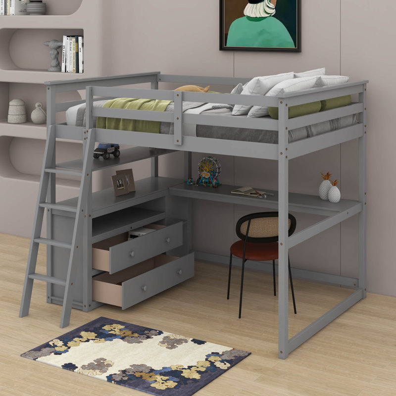 Lit mezzanine double avec bureau et tablettes, 3, Gris