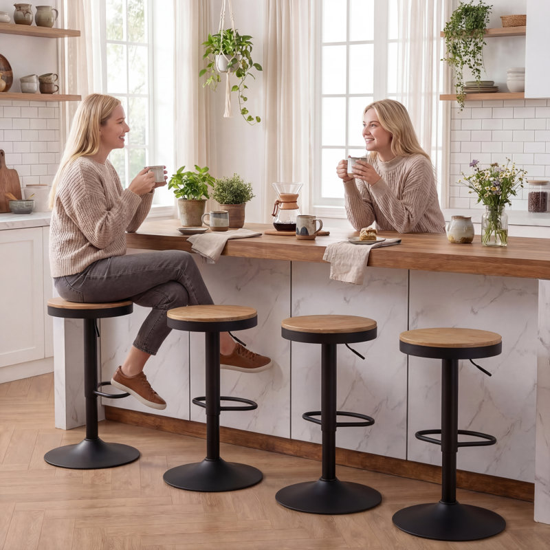 Swivel Solid Wood Bar Stools, Adjustable Height Backless Counter Stools for Kitchen Island, Industrial Rustic Stool Set with Footrest