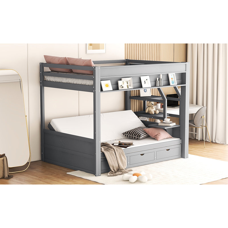 Lit superposé en bois avec rangement, 3 tiroirs, escalier gris et table de chevet, rangement, Gris