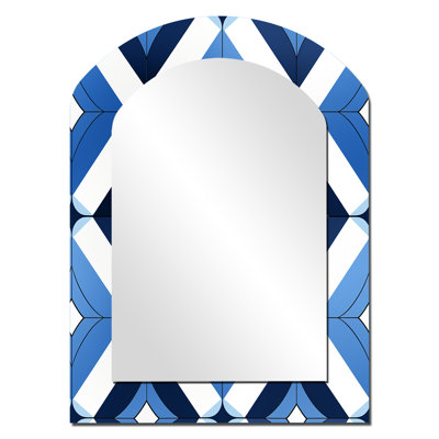 Roeper Minimalist White And Blue Polygons Geometric - Geometric Asymmetrical Large Wall Mirror, Modern Arch Unique Mirror, Printed Metal Art