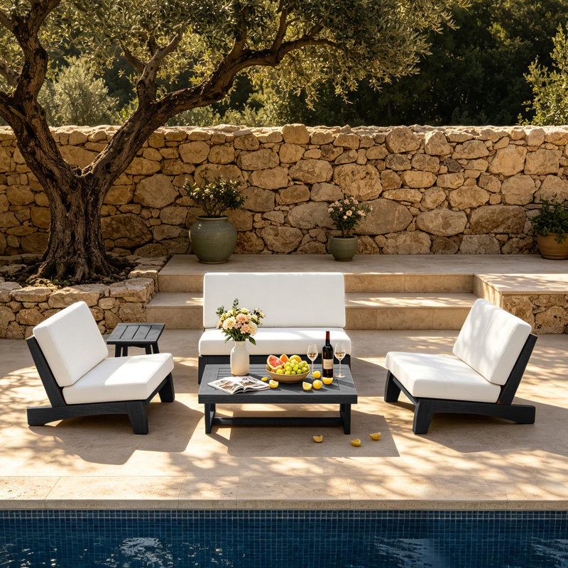 Ensemble de conversation Polett, 5 pièces: 2 tables, causeuse, 2 chaises, Beige, Noir