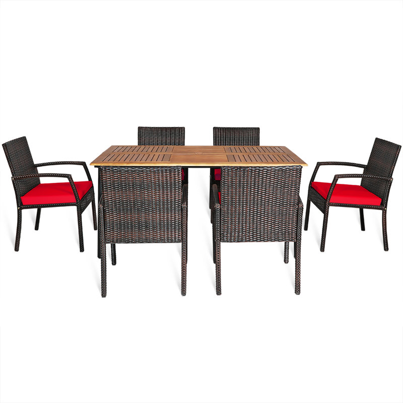6 - Person Acacia Wicker Patio Dining Set with Rectangular Table , Cushions Included, Red