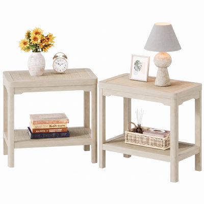 2 Tier Rattan Side Table, Farmhouse Boho End Table Night Stand Bedside Table (Caramel Oak, 2 Pieces)