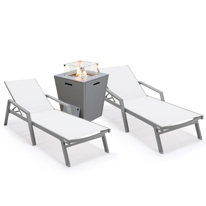 Outdoor Aluminum Chaise Lounge Armchair with Fire Pit Side Table, White