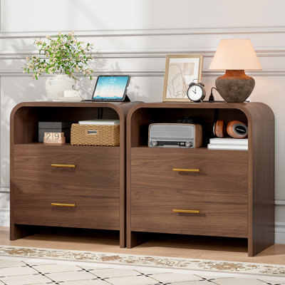 2 Drawers Nightstand Set, Mid Century Modern Bedside Table With Charging Station, 23.6'' Wide Wood End Table For Bedroom, Curved Profile Design, Walnut (Set Of 2)