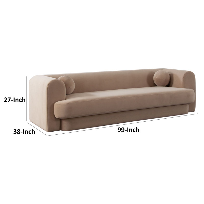 Canapé Foxo, 2 coussins décoratifs, velours brun chameau rembourré, 99 pouces, Brun chameau