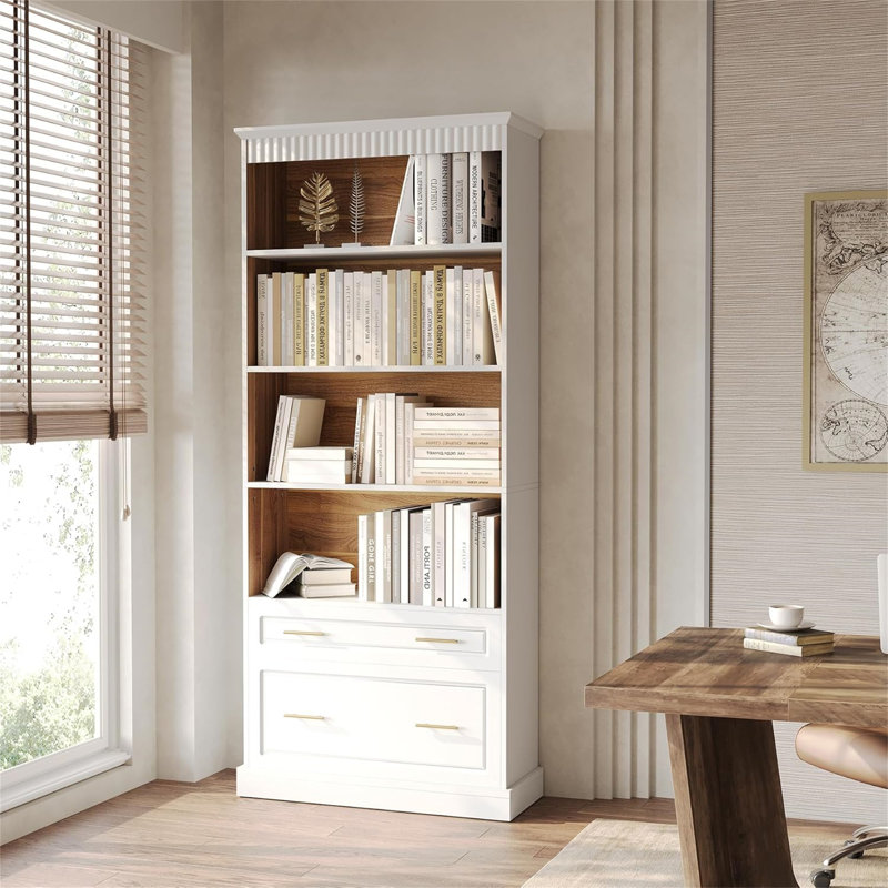 72.83" 5-Tier White Bookcase With 2 Drawers Storage Organizer For Living Room