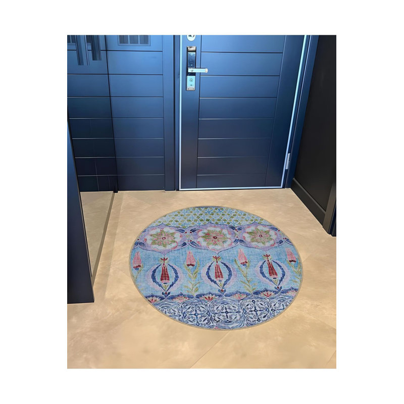 Tapis lavable décoratif bleu à motif rond traditionnel, Sous-tapis rond 2 pi 8 po inclus