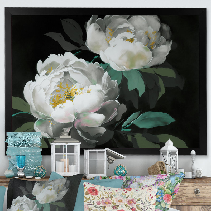 «Blooming White Peony IV», reproduction sur toile, L 32 po x H 24 po, Toile avec cadre photo noir