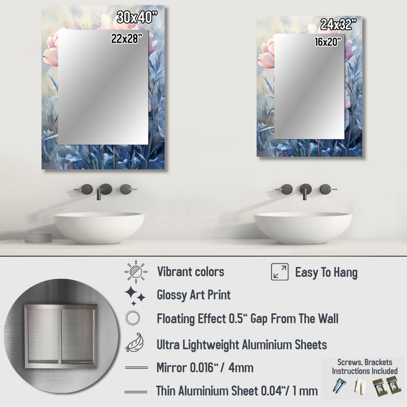 Frosty Field Peonies Elegance II - Peonies Large Mirror, Traditional Decorative Wall Mirror, Printed Metal Art, 32" x 24"