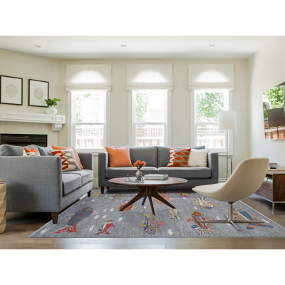 Tapis oriental rectangulaire gris en laine noué à la main 8 pi 0 po x 9 pi 11 po - MOA10289584
