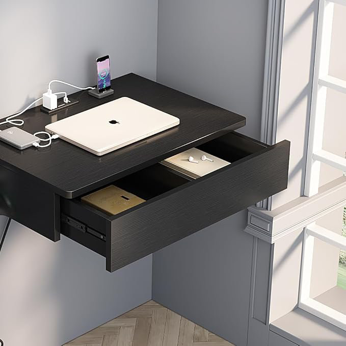 Wall-mounted charging desk, small-sized wall-mounted storage table for small rooms, Black