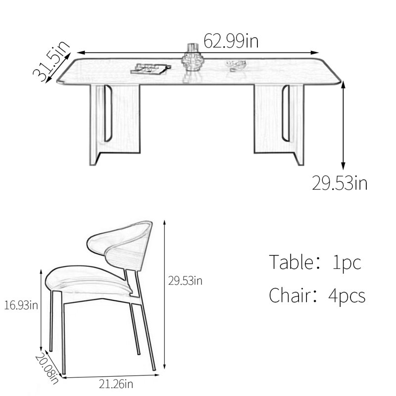 Ensemble de table de salle à manger rectangulaire en pierre frittée, H 29,53 po x L 62,99 po x l 31,5 po