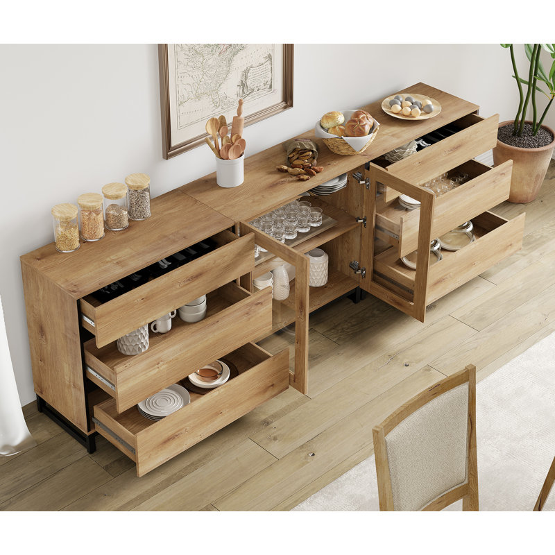 Buffet 3 en 1 multifonctionnel avec 6 portes en verre, crédence moderne avec tablette ajustable et base en métal, armoire de rangement pour bar, salon, cuisine