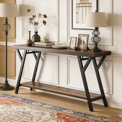 Industrial Console Table Behind Couch with 2-Tier Storage Shelf