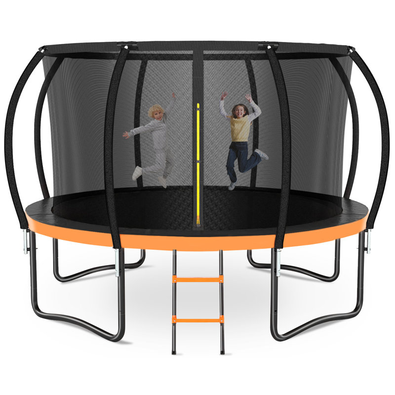 12 FT Black and Orange Outdoor Trampoline with Safety Enclosure and Ladder