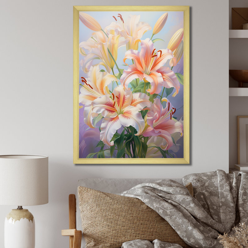 Impression romantique rose et lis rose et jaune, Encadrement doré, H 40 po x l 30 po x P 1,5 po