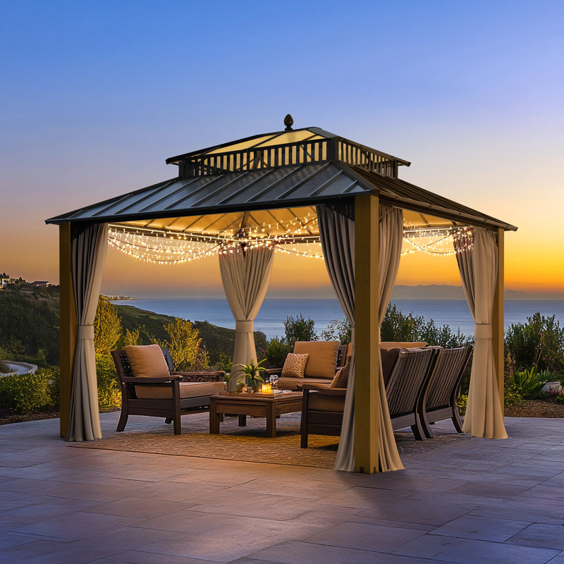 SUNJOY Kingston 12x10 Gazebo, Steel & PC Roof Hardtop Gazebo with Curtain and Netting - Cedar Posts, 12x10