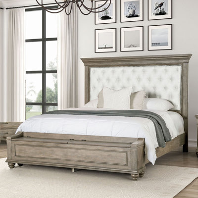 Lit traditionnel 1 pièce en chêne vieilli avec banc FB et rangement, mobilier de chambre rembourré en tissu HB