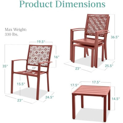 Set of 3 Stackable Outdoor Dining Chairs Armrests, Heavy-Duty Metal Patio Chairs, 300 LBS Capacity, Ergonomic Wide Seat, Red