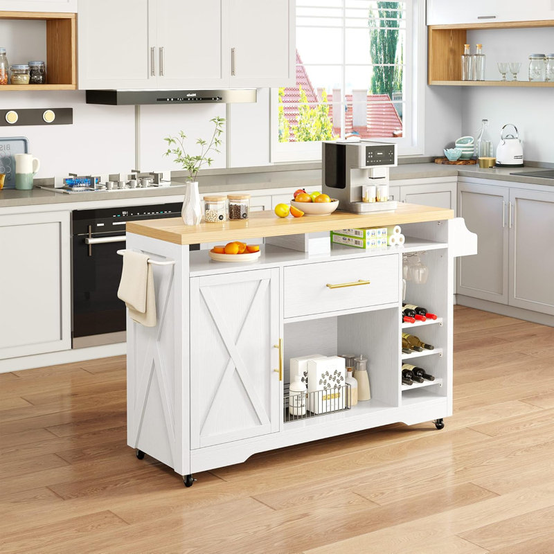 Large Kitchen Island With Built-In Power Outlet, Rolling Cart With Wine Rack, Mobile Storage Unit With Spice Rack And Glass Holder, Sturdy Engineered Wood Table On Wheels
