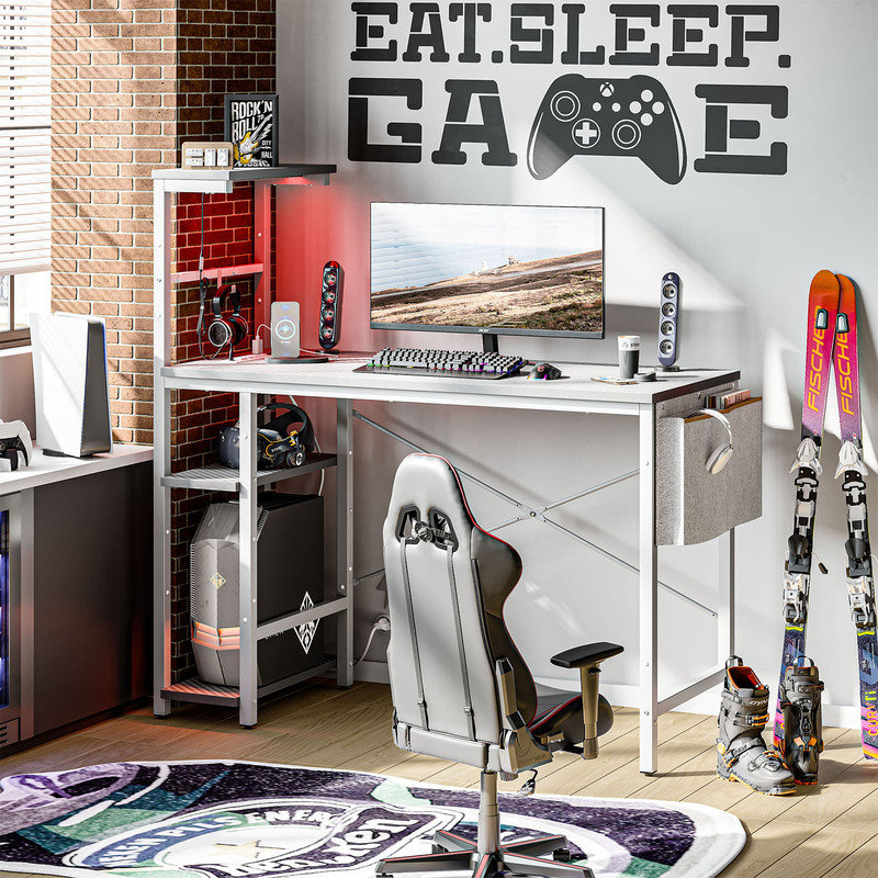 Johnothan LED Gaming Desk with Power Outlet,Computer Desk with Three Levels of Adjustable Shelves, Grey
