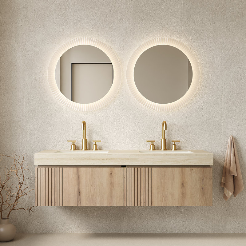 Meuble-lavabo suspendu double de 60 po avec comptoir en pierre frittée et tiroirs en bois cannelé, armoire, préassemblé