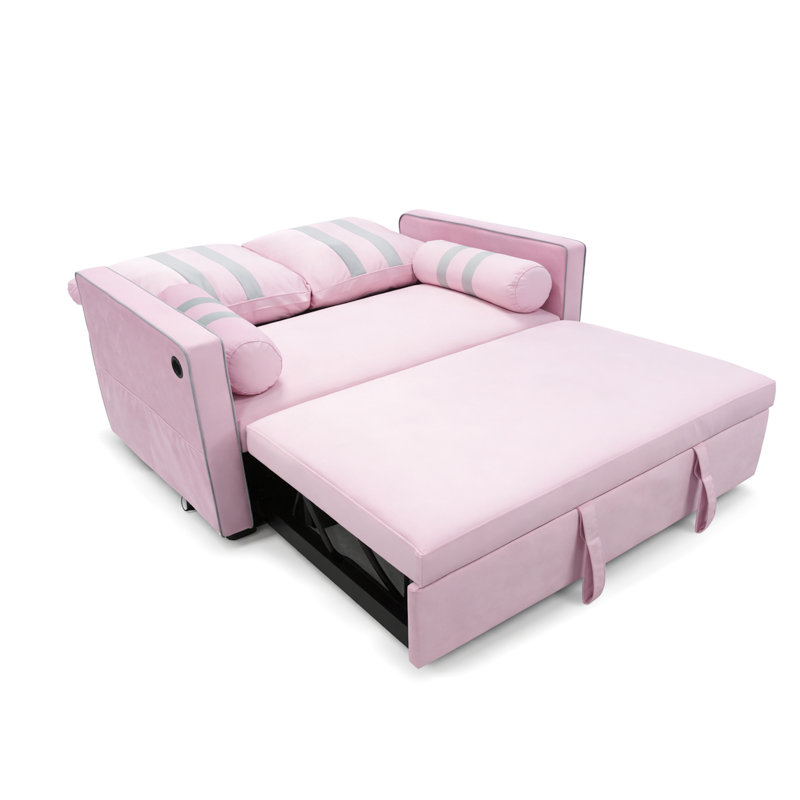 Canapé-lit 2 places rose avec mousse à haute densité, charge, poche élastique, revêtement élégant pour le lit des chambres d'amis, accoudoir de charge sur le dos, dossier réglable à 3 niveaux, rangement latéral, mousse moderne