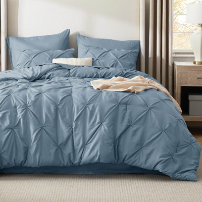 Bedsure King Burgundy Pintuck Bed-in-a-Bag - Mineral Blue Pinch Pleat Comforter Set with Sheets, Pillowcases & Shams (Set of 7)
