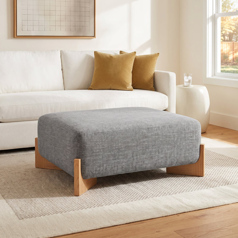 Zale Upholstered Ottoman, Magnolia Light Grey Tweed