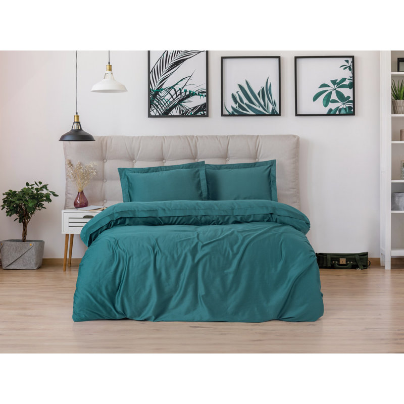 Ensemble de housse de couette luxueuse en satin (XXL) - Bleu pétrole, housse de couette 61 x 87 et taie d'oreiller 31,5 x 31,5 | 100% satin de coton, contexture de 210 fils, lavable à la machine, fermeture à boutons élégante | Parfait pour une literie élégante