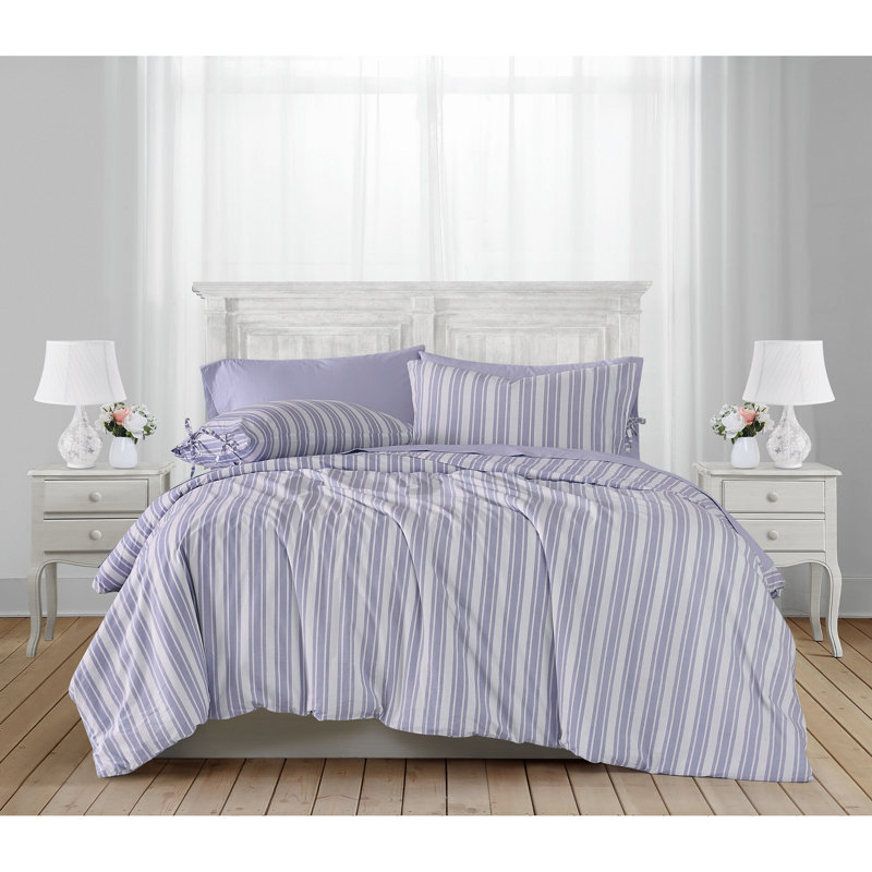 The Farmhouse by Rachel Ashwell Wide Ticking Stripe Comforter Set, Queen Comforter  + 2 Standard Shams, White/Purple