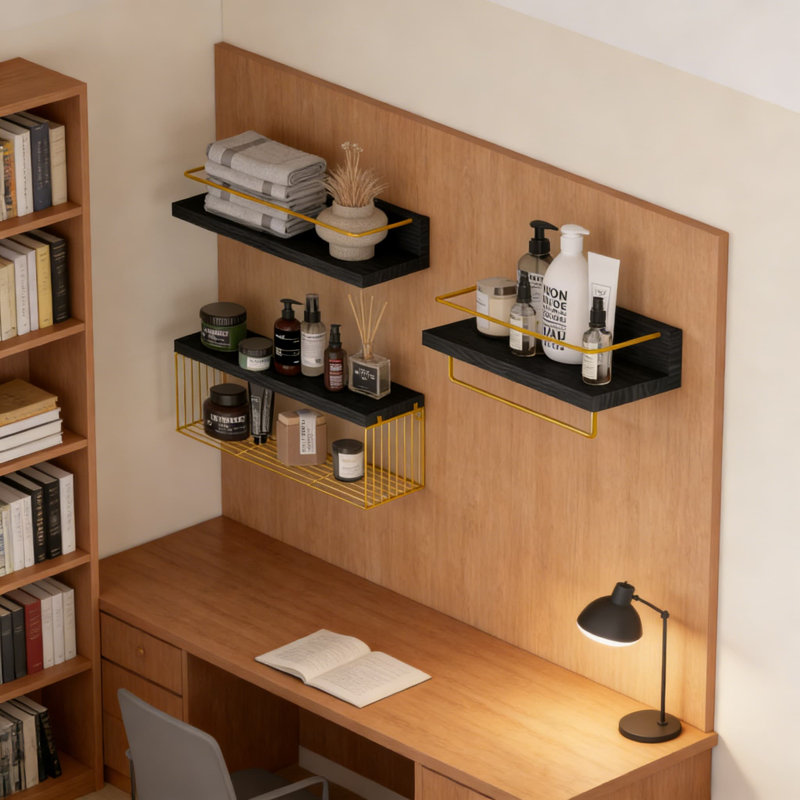Ensemble de tablettes murales flottantes avec panier de rangement et porte-serviettes, tablettes multifonctionnelles pour la salle de bain, la cuisine, le salon, la chambre à coucher et la salle de classe