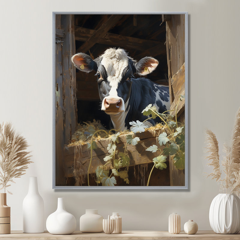 Damalis Cow Rustic Charm I - vache, art mural, H 44 po x l 34 po x P 1,5 po, Cadre argenté flottant