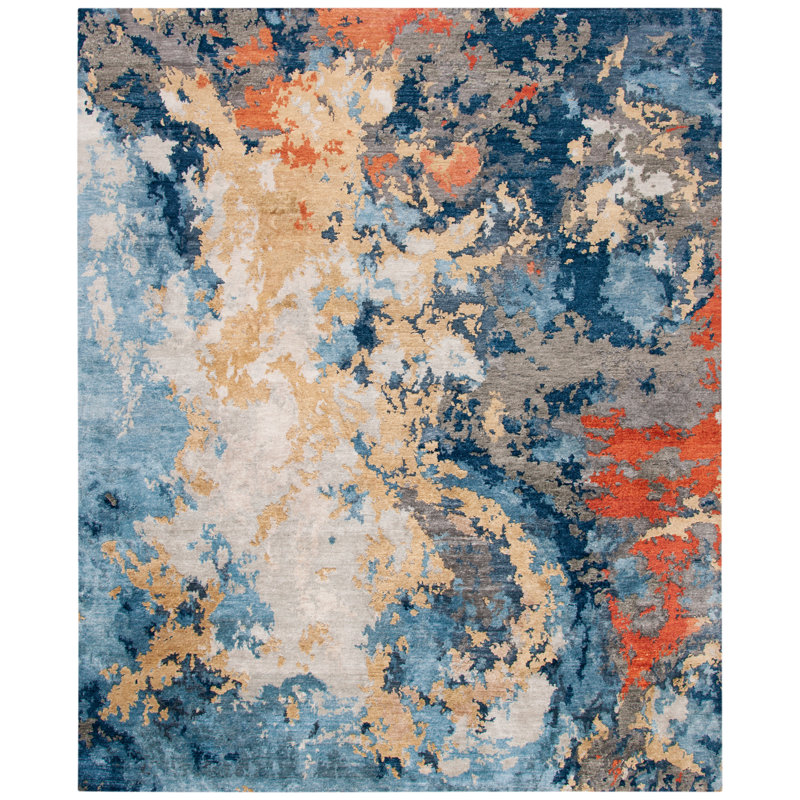 Tiffany Abstract Hand Knotted Blue/Gold Area Rug, Rectangle 10' x 14'
