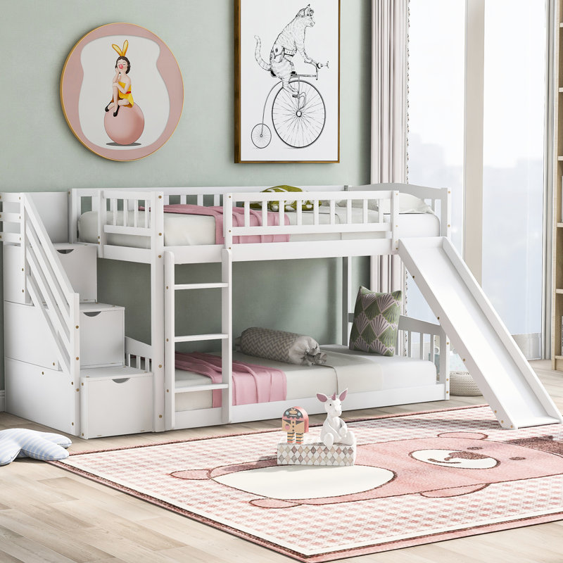 White Bunk Bed With And Convertible Slide - Versatile Design Twin Over Guardrails Drawers, White