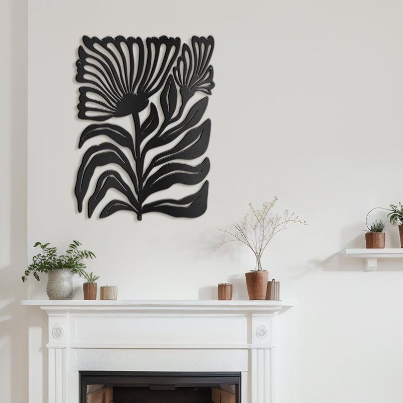 Décoration murale en métal Botanical Flower Minimalist Modern Abstract, H 30 po x l 23,62 po x P 0,05 po, Noir