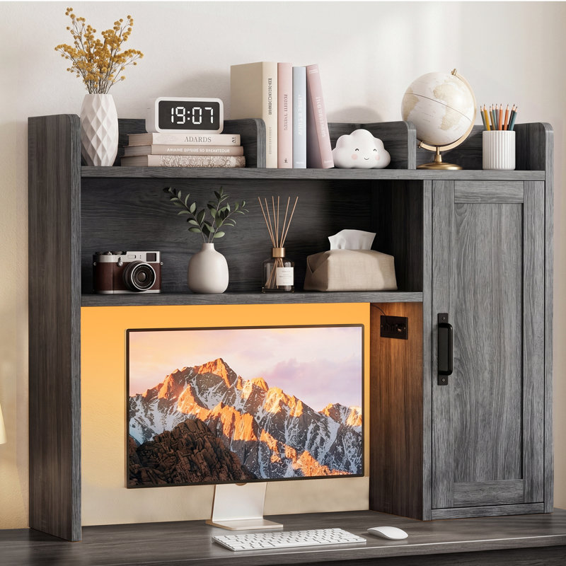 Étagère de bureau en bois avec rangement intégré, poste de recharge et rétroéclairage DEL, Grey