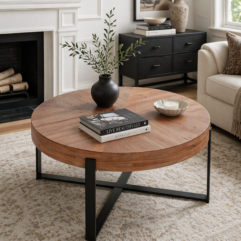 Table basse 33,8 po d'épaisseur rétro moderne avec plateau en bois de sapin et pieds croisés noirs, Naturel, Noir