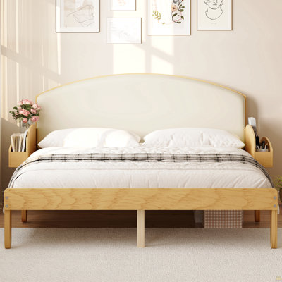 Full Size Upholstered Headboard Wood Bed Frame, Curved Padded Headboard with Arched Legs & Side Storage Shelves, Modern Platform Bed for Bedroom, No Box Spring Needed,Natural