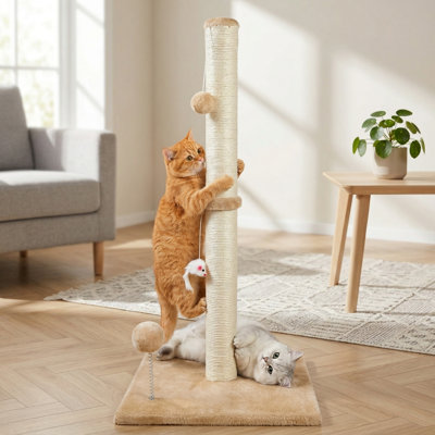Grattoir à chat vertical 32 pouces 3 en 1 avec jouets en peluche et base renforcée, sisal de qualité supérieure, beige