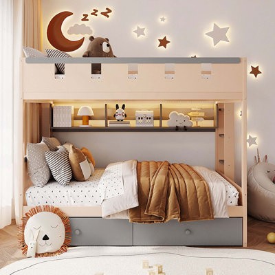 Lit superposé de style château avec 2 tiroirs de rangement, tablette et lumière DEL