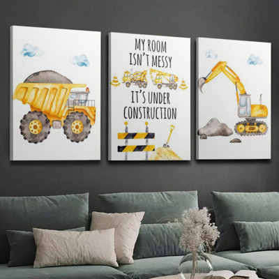 Construction Vehicle Funny Quote 3-Piece Canvas Print for Creative Boys' Room Home Decor